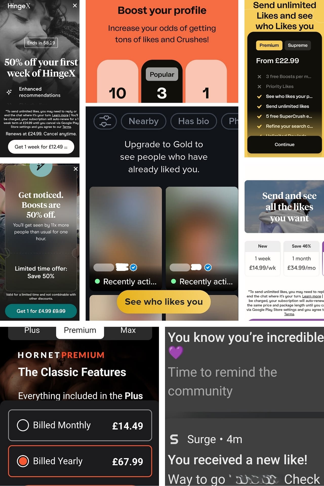 A collage showing screenshots from various dating apps all urging you to subscribe and showing some example costs, and then some screen shots of typical notifications you get on these apps when someone likes you and they want you to tap and then go and subscribe so you can find out who likes you